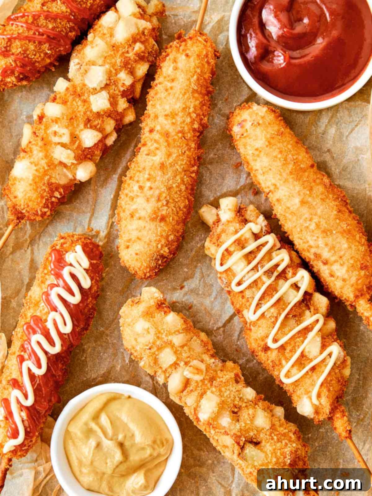 Easy Korean Corn Dogs A Snack Sensation 2 Golden fried Korean corn dogs topped with crinkle-cut fries and sauces, ready to dip and devour.