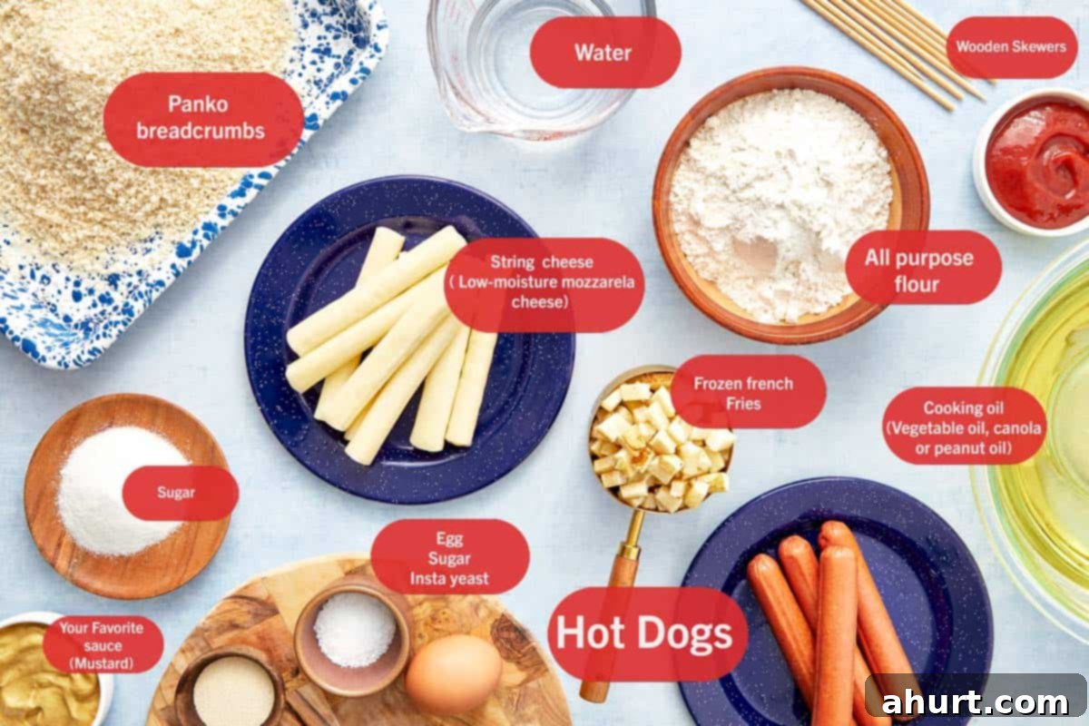 Easy Korean Corn Dogs A Snack Sensation 3 Flat lay of all ingredients to make Korean corn dogs.