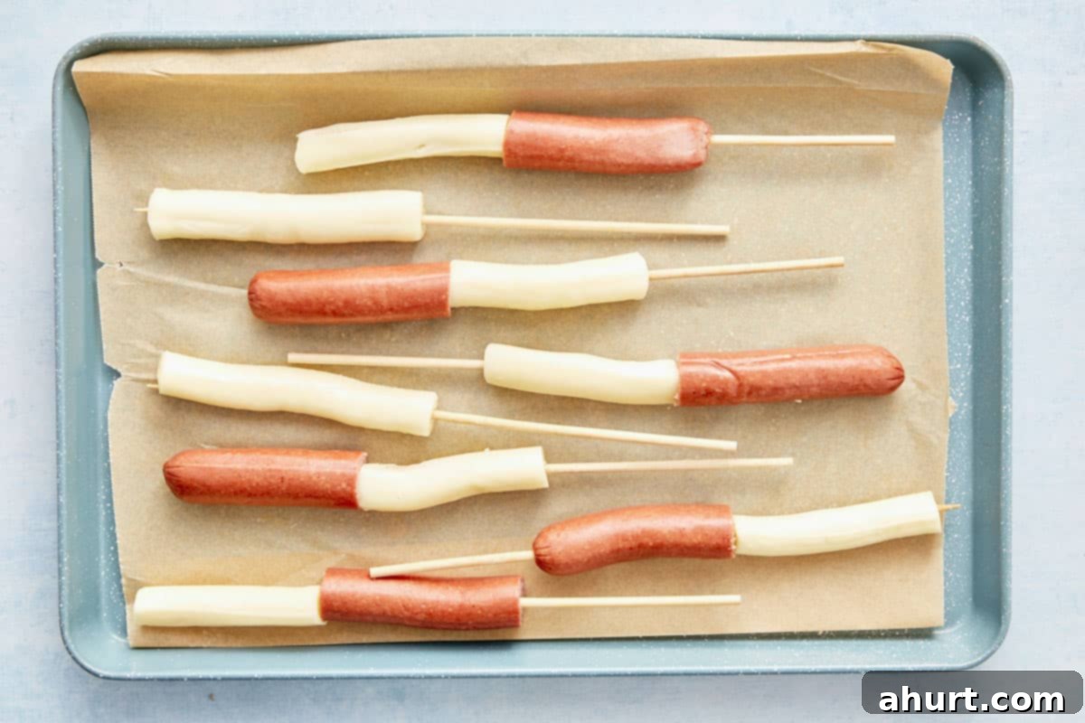 Easy Korean Corn Dogs A Snack Sensation 4 Skewered hot dog and mozzarella sticks on a baking tray, ready to freeze.