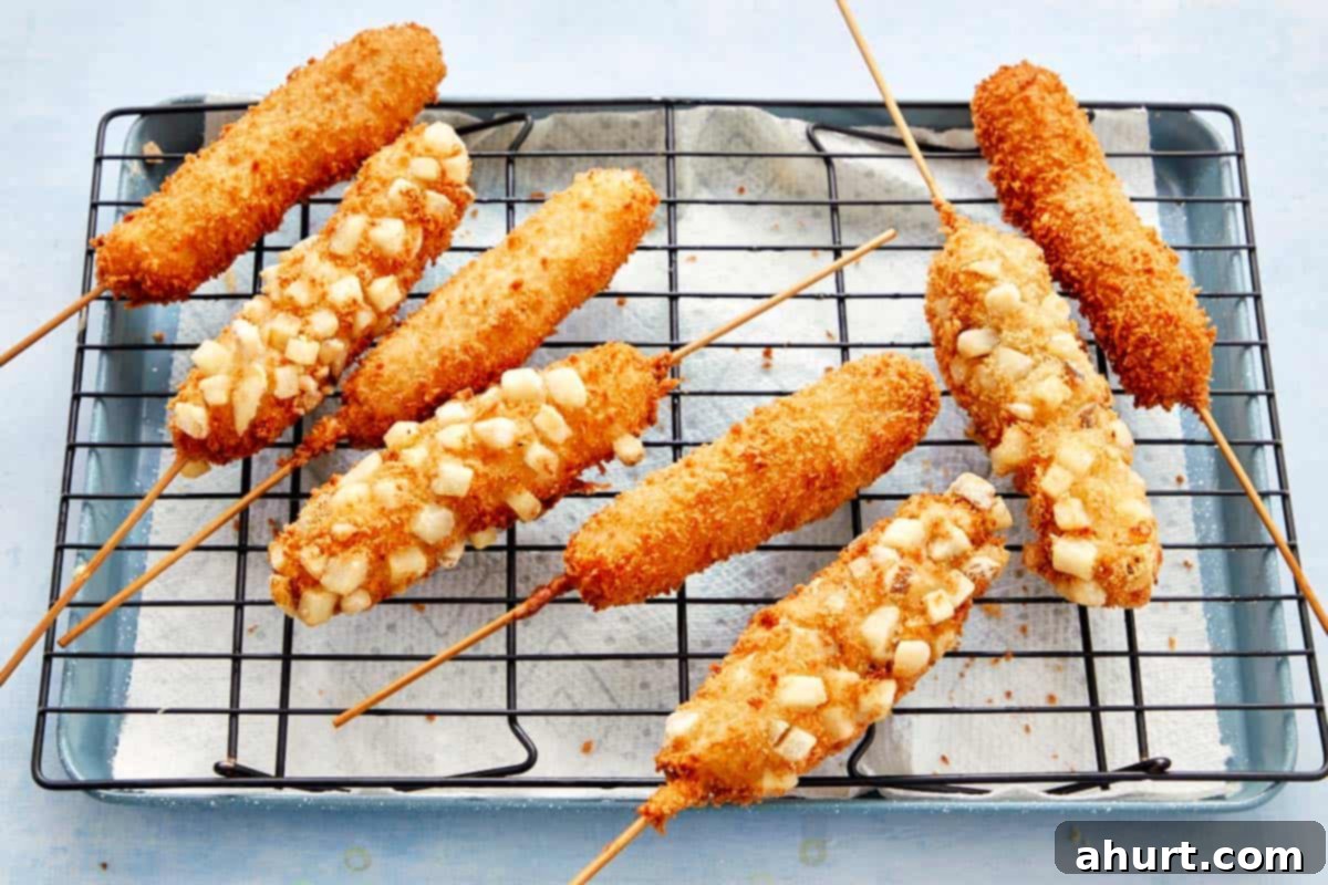 Easy Korean Corn Dogs A Snack Sensation 9 Golden, crispy Korean corn dogs cooling on a wire rack with diced fries coating.