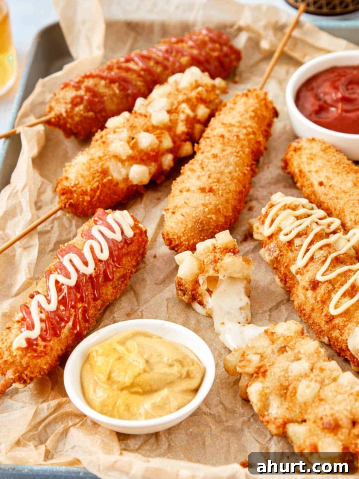 Easy Korean Corn Dogs A Snack Sensation 10 Crispy Korean corn dogs on a tray, drizzled with ketchup and mayo, served with mustard and ketchup dips.