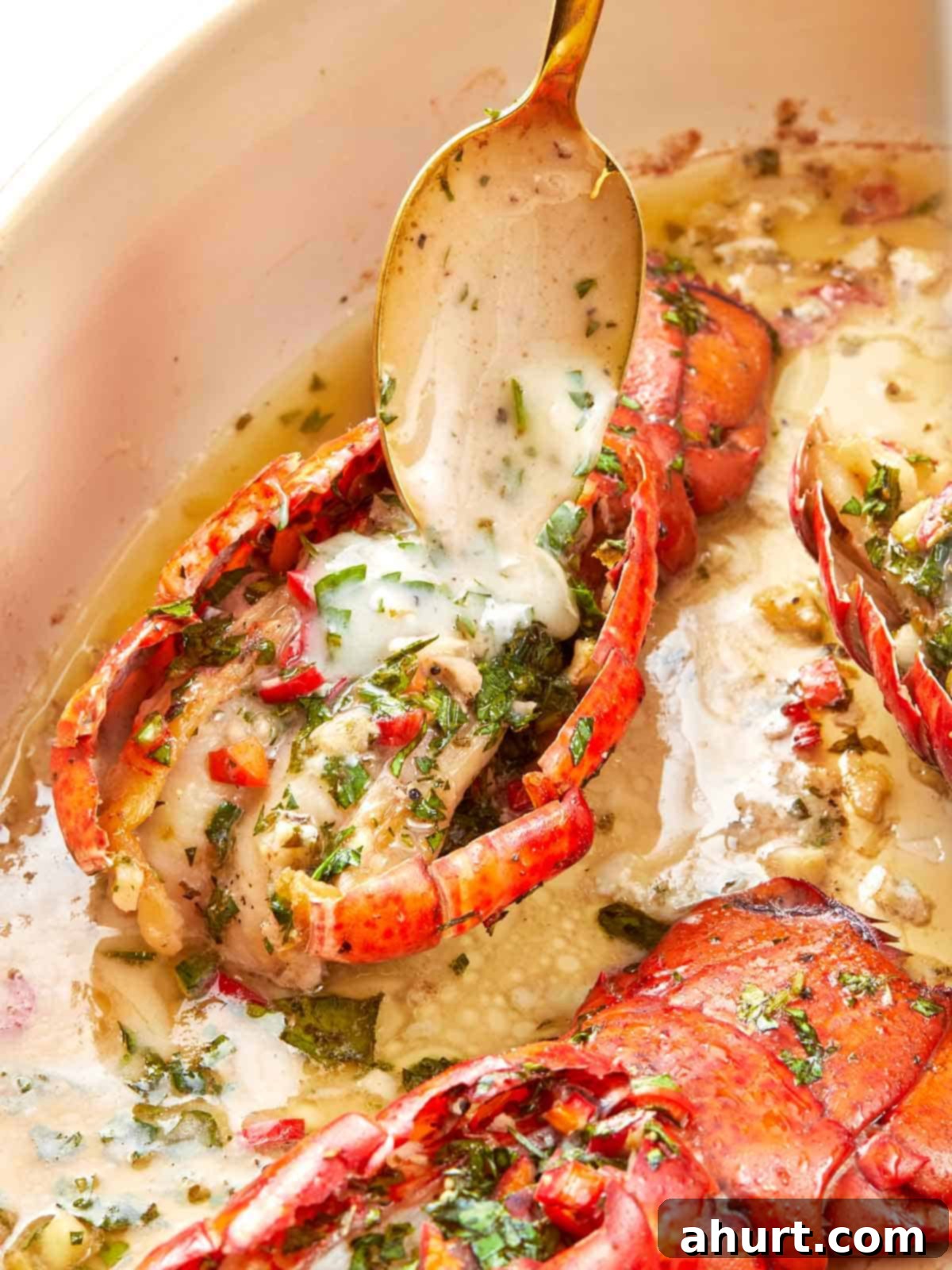 Sizzling Lobster Tails with Herbaceous Chimichurri 2 Close-up of a broiled lobster tail topped with chimichurri butter, herbs, and red chili, sitting in a buttery pan sauce.