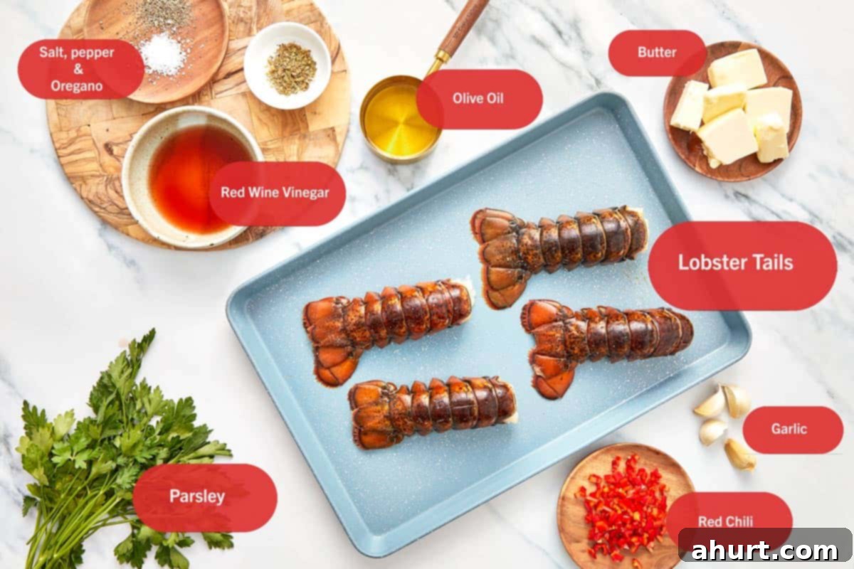 Sizzling Lobster Tails with Herbaceous Chimichurri 3 Ingredients for Chimichurri Lobster Tails laid out on a white surface.