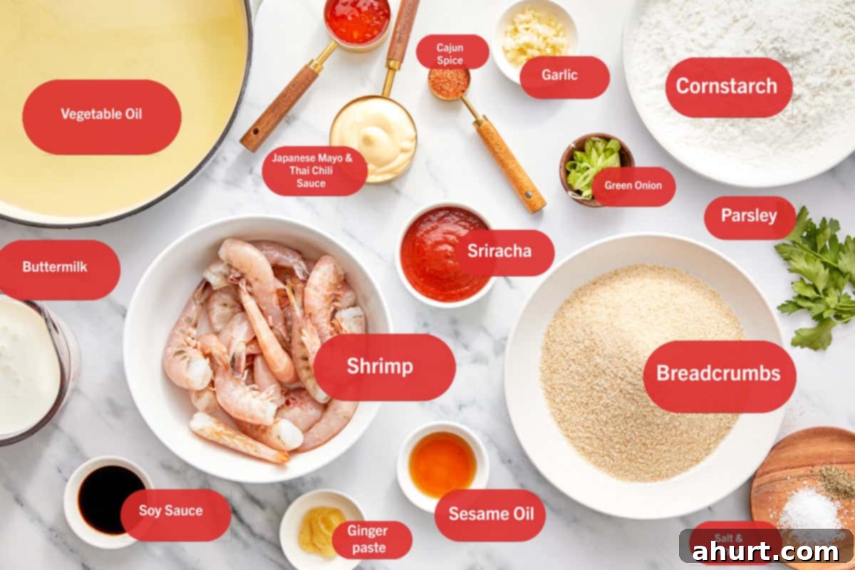 Dynamite Shrimp 3 Overhead view of all essential Bang Bang Shrimp ingredients, including raw shrimp, buttermilk, various spices, and sauce components, clearly labeled on a clean surface.