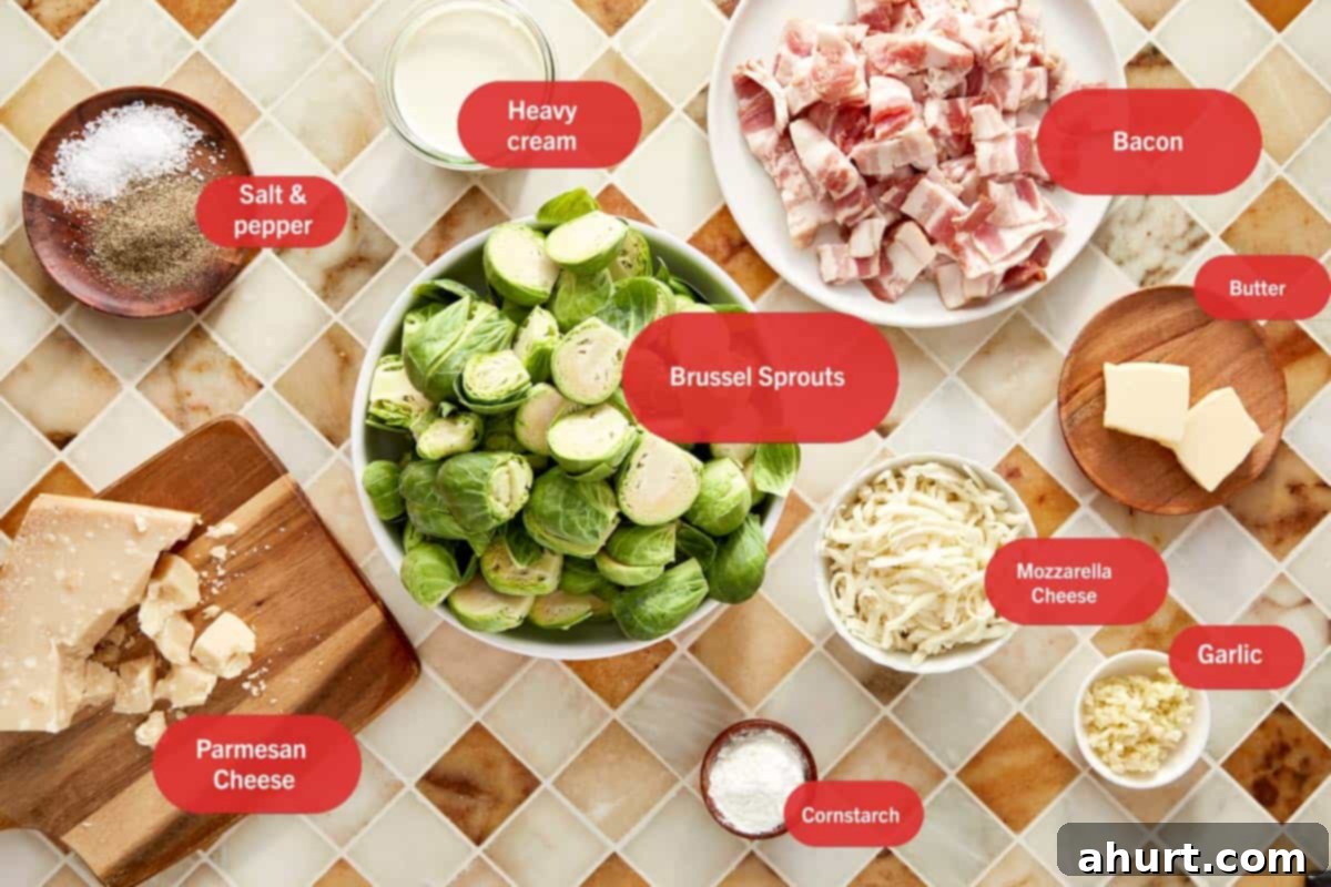 Smoky Bacon Brussels 3 Flat lay of fresh Brussels sprouts, raw bacon, whole garlic cloves, heavy cream, and blocks of mozzarella and parmesan cheese for the recipe.