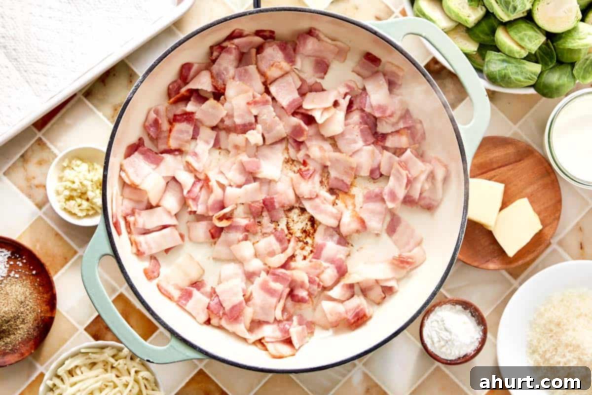 Smoky Bacon Brussels 4 Raw bacon pieces, cut into strips, ready to be cooked in a skillet for the creamy garlic parmesan Brussels sprouts recipe.