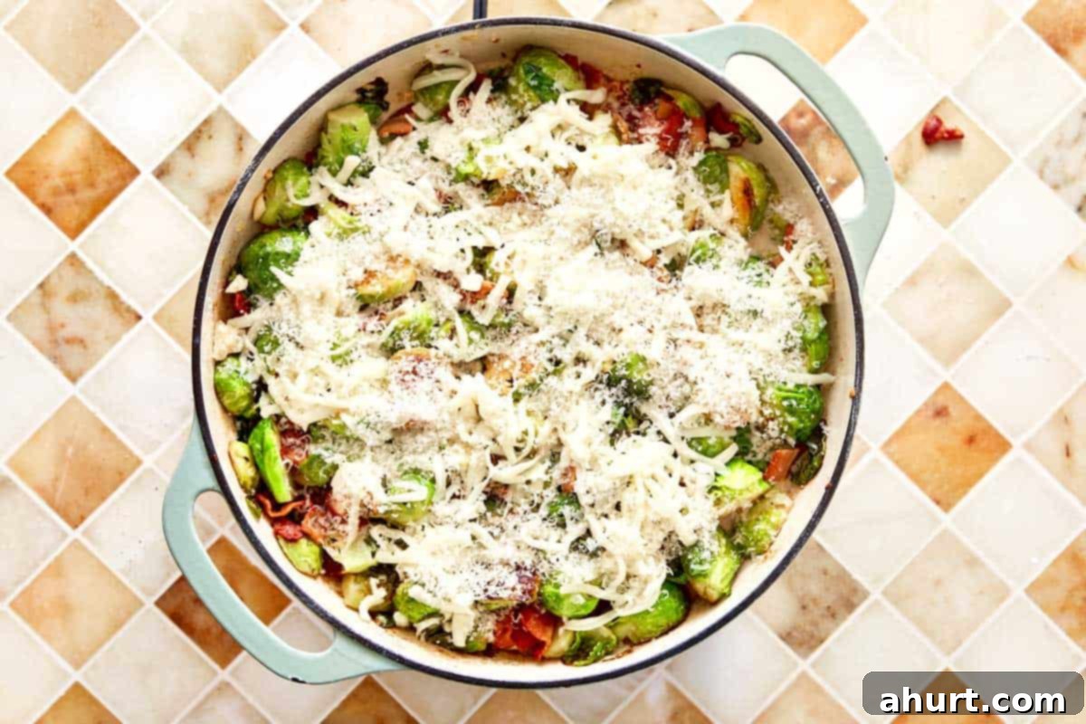 Smoky Bacon Brussels 10 Brussels sprouts topped generously with shredded mozzarella and grated parmesan cheese, with crispy bacon sprinkled over, before baking.