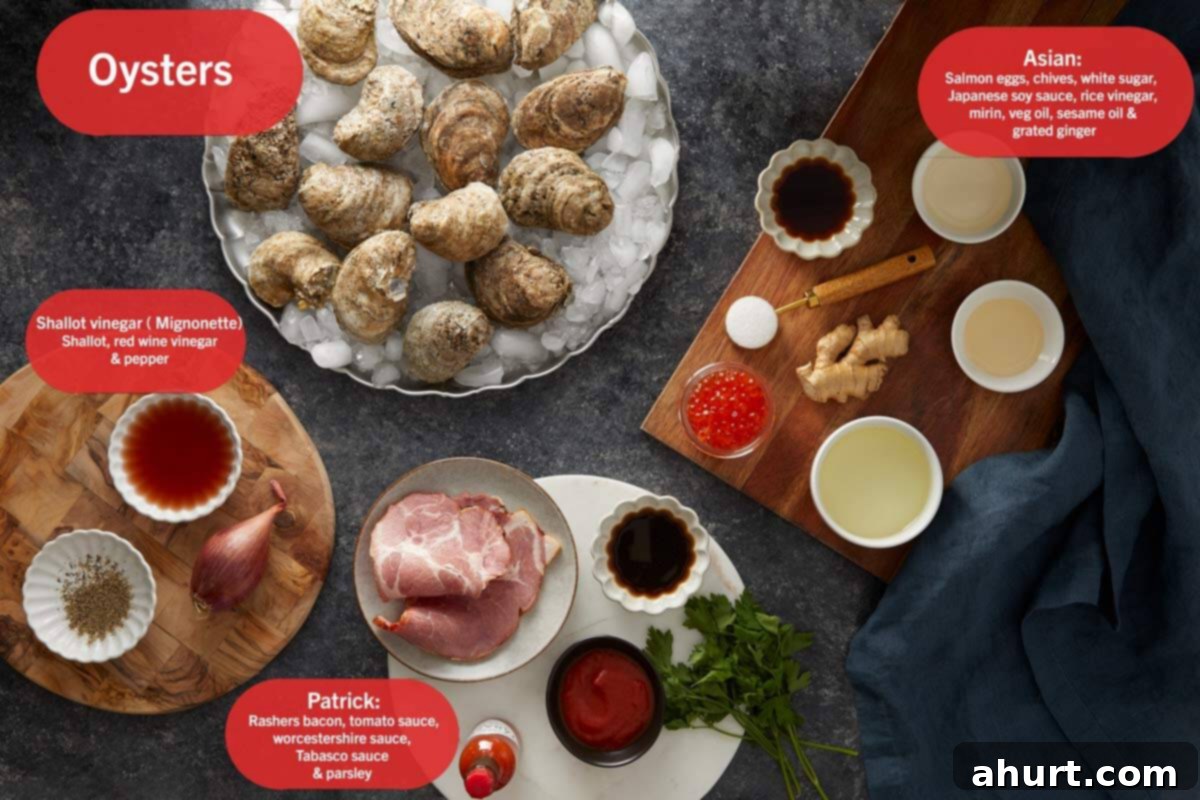 Fresh oysters on ice with ingredients for three toppings,