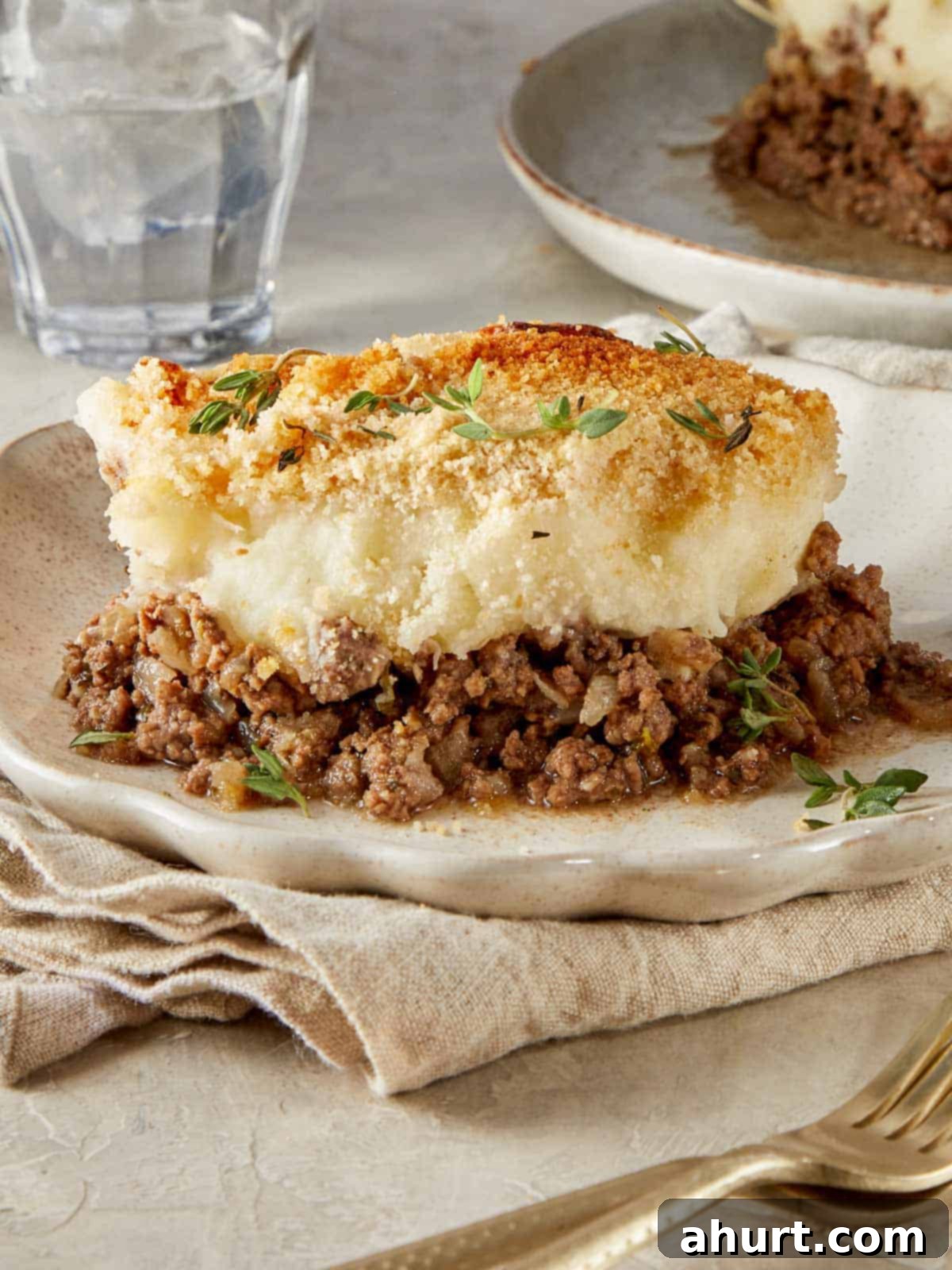 Close-up of a plated slice of Shepherd’s Pie, showing the distinct, appealing layers of creamy mashed potato and rich meaty filling, ready to be enjoyed.
