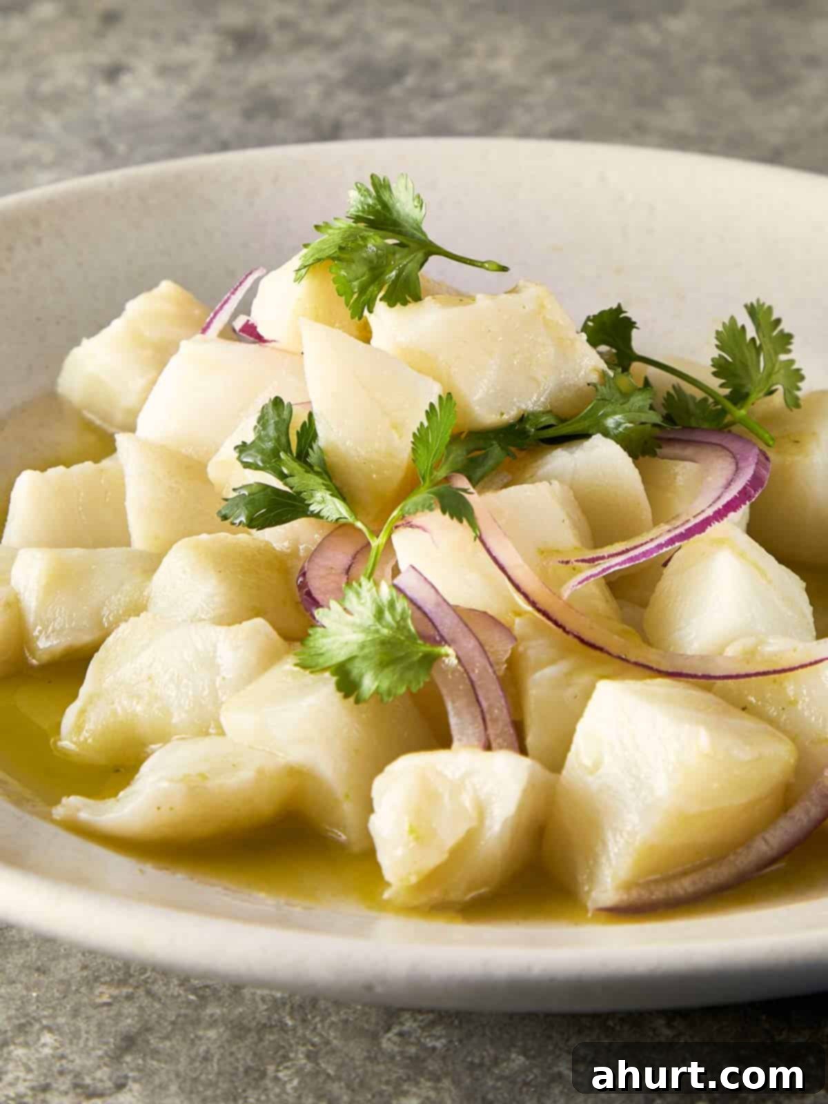 Close-up overhead view of fresh fish ceviche with red onion slices and coriander leaves.