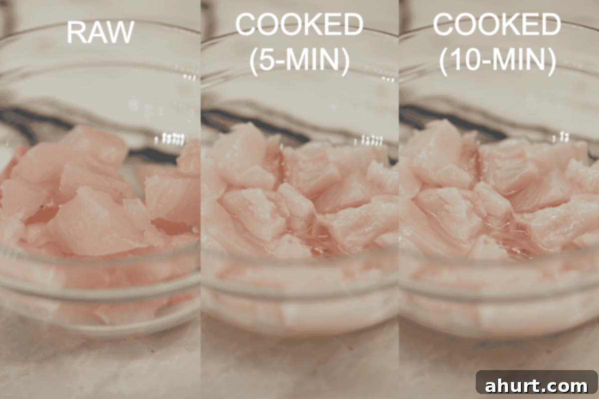 a side by side visual of raw fish followed by 5 minute cooked followed by 10 minute cooked