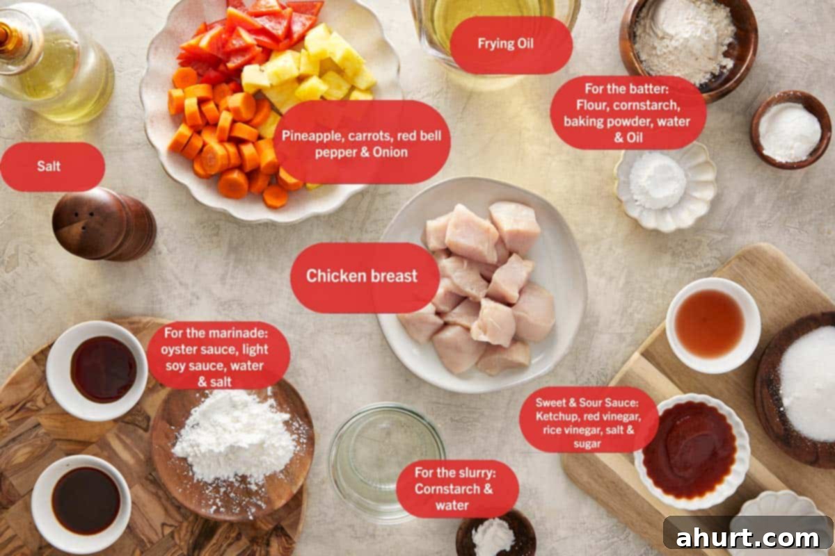 Sweet and sour chicken ingredients including chicken breast, pineapple, carrots, red bell pepper, onion, sauces, flour, and cornstarch.