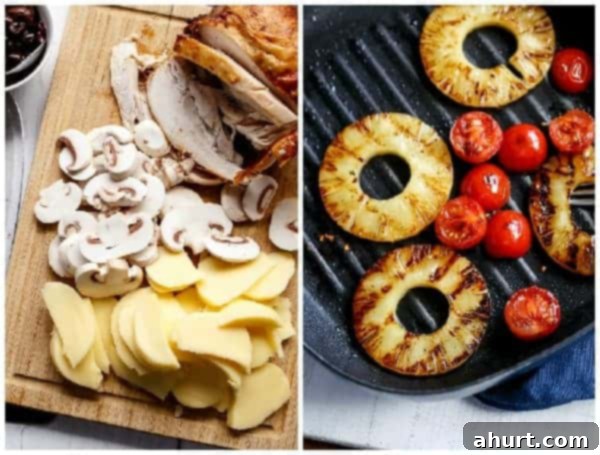 Loaded BBQ Chicken Pizza Pull-Apart Bread 5 Before and after images of Barbecue Chicken Pizza ingredients: raw and prepared.