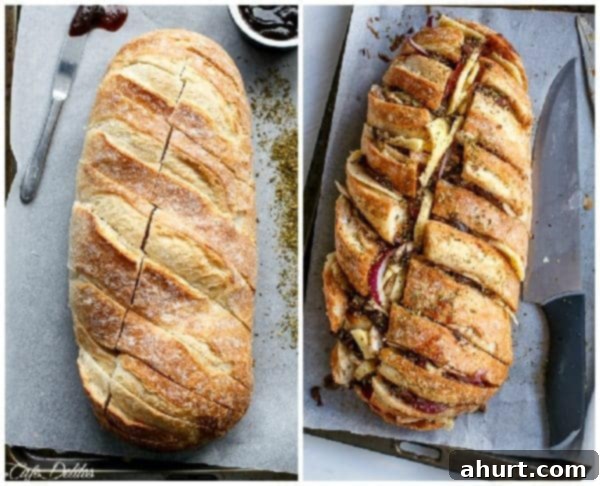 Loaded BBQ Chicken Pizza Pull-Apart Bread 6 Before and after images showing the bread loaf before and after being stuffed with pizza ingredients.