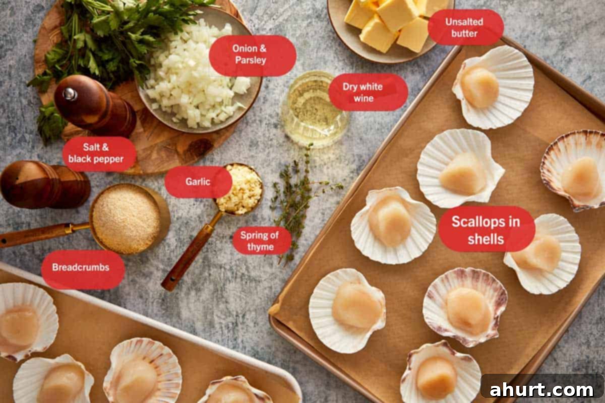 Overhead view of ingredients for Scallops Gratin with Garlic Parsley Butter, including scallops in shells, butter, garlic, parsley, onion, breadcrumbs, thyme, and white wine.