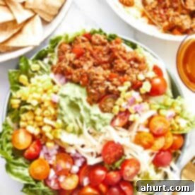 Close up image of a vibrant, healthy Easy Taco Salad bowl, perfect for a lighter taco night
