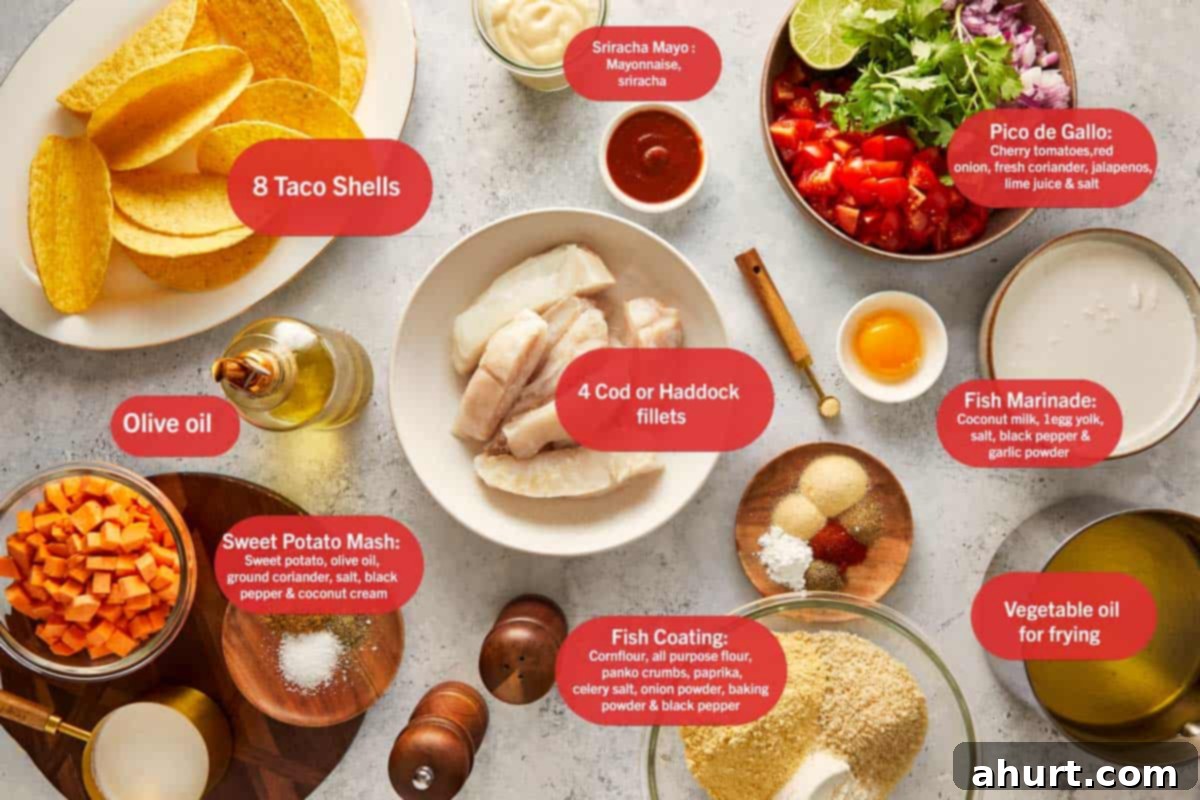 Golden Crispy Fish Tacos 3 Fish taco ingredients on a table.