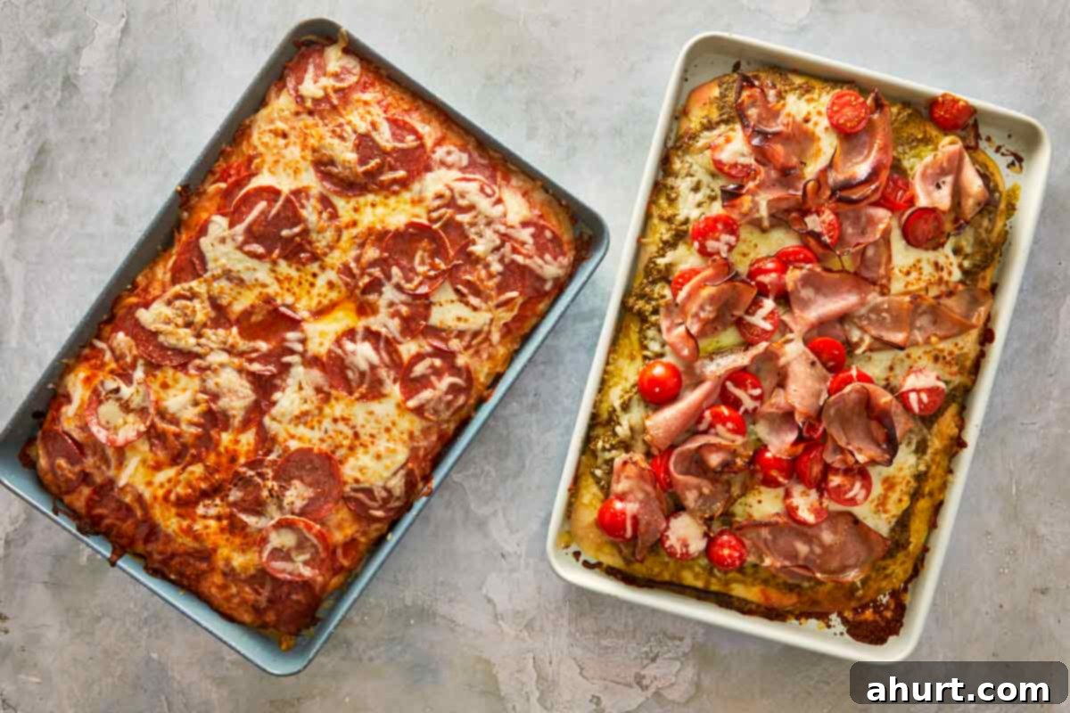 Focaccia-Style Pizza 11 Baked focaccia pizzas fresh from the oven, golden and bubbly with melted cheese and toppings.