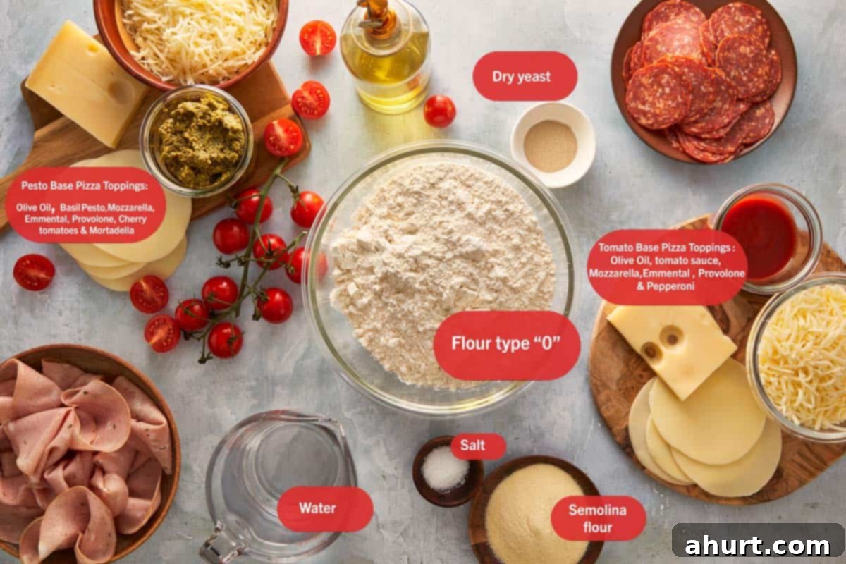 Focaccia-Style Pizza 3 Overhead shot of focaccia pizza ingredients including