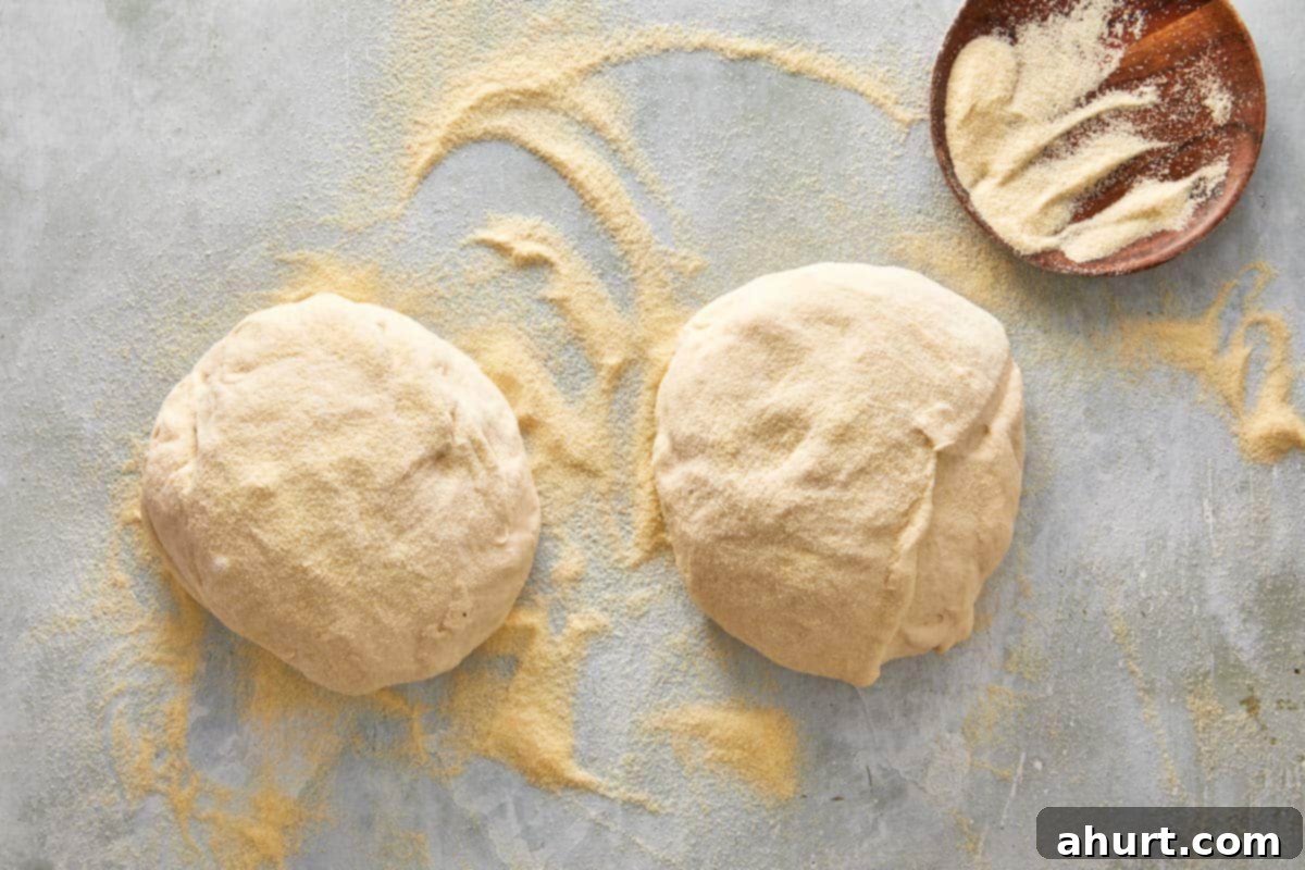 Focaccia-Style Pizza 6 Two portions of focaccia dough dusted with semolina flour on a floured surface, ready to shape.