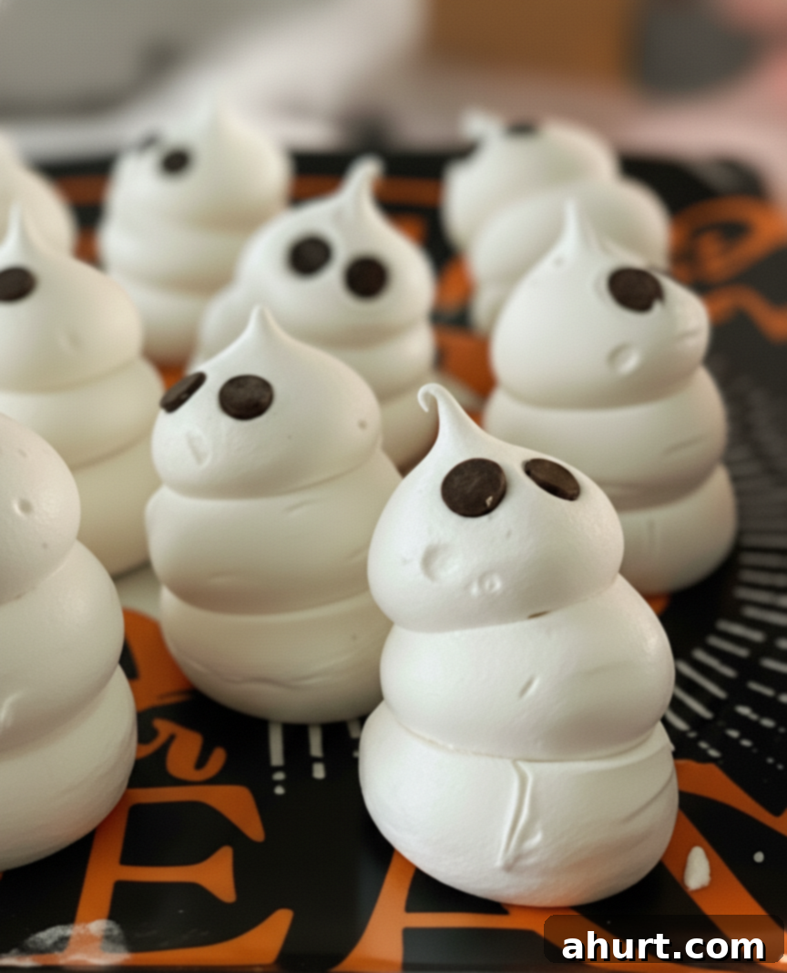 Swiss Meringue Ghosts sitting on a trick or treat plate