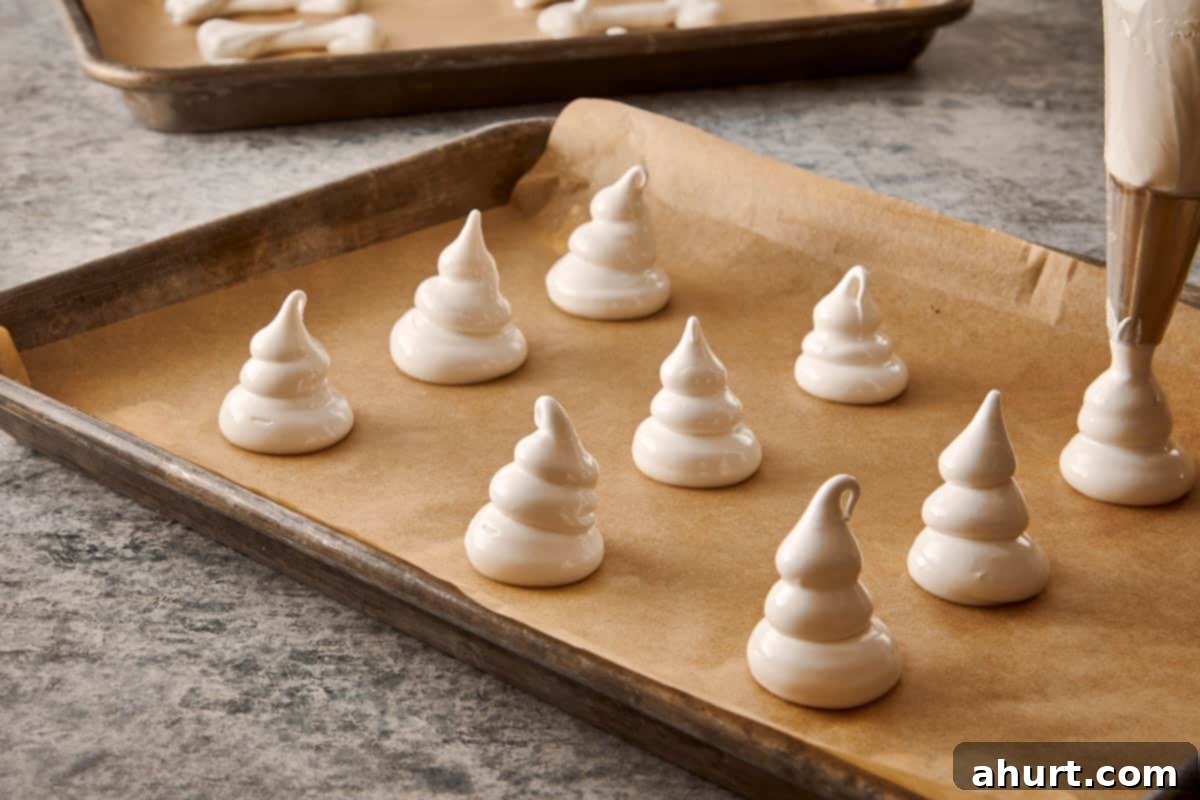 Piping ghost shapes of meringue onto parchment-lined baking trays.