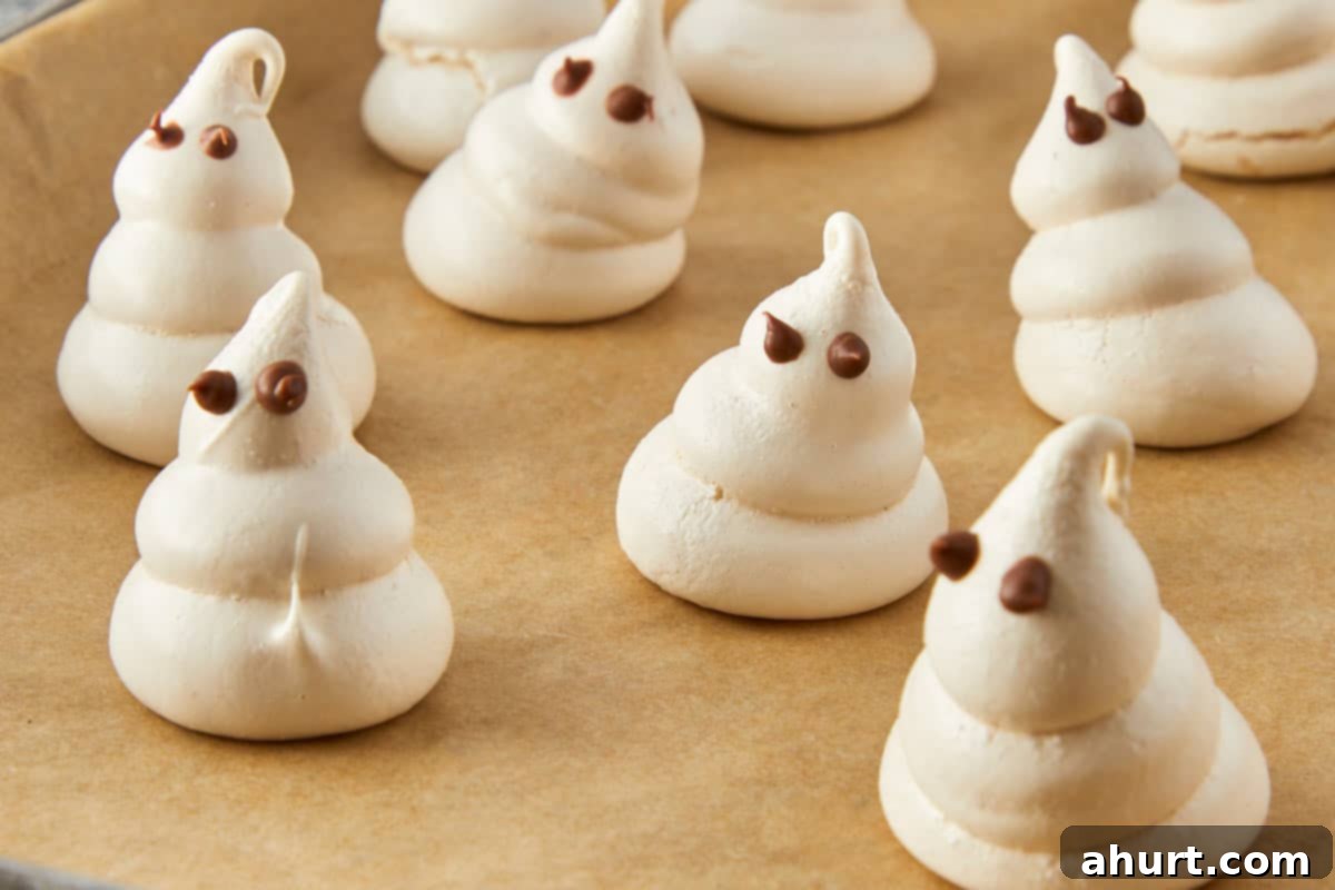 Swiss meringue ghosts and bones cooling on a tray.