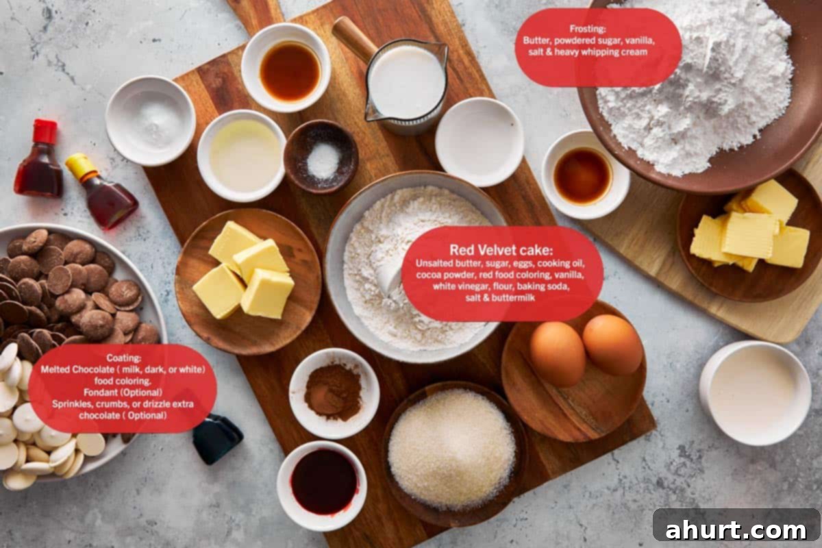 Spooktacular Red Velvet Cake Pops 3 A flat lay photograph showcasing all the ingredients required for making Red Velvet Monster Cake Pops, neatly arranged on a rustic wooden board. Key ingredients visible include softened butter, granulated sugar, fresh eggs, unsweetened cocoa powder, vibrant red food coloring, all-purpose flour, rich buttermilk, and various chocolate options. Additionally, components for the fluffy frosting are present, providing a visual guide for bakers.