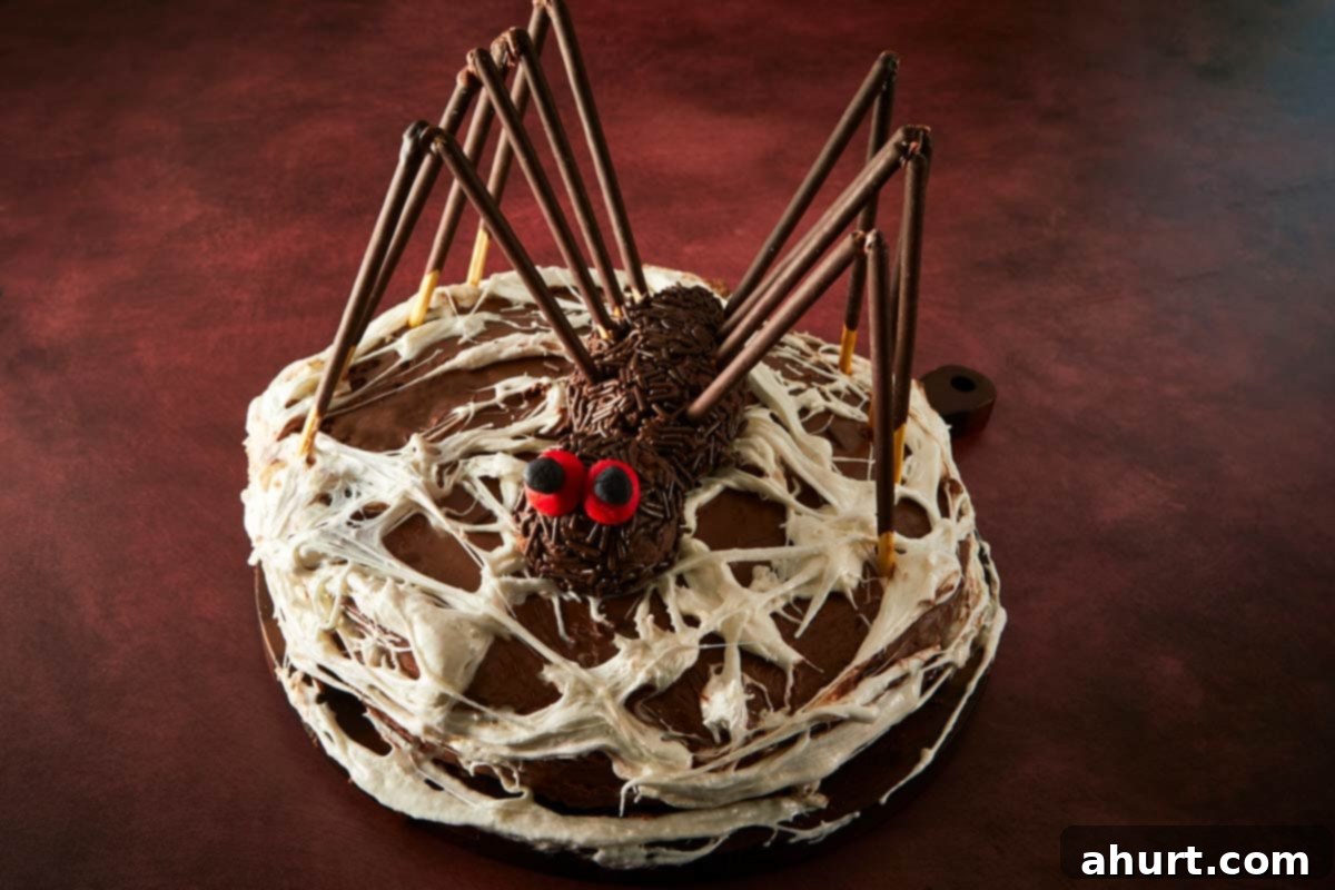 Assembling the spider on top of the cake — chocolate legs, red fondant eyes, and a marshmallow web.