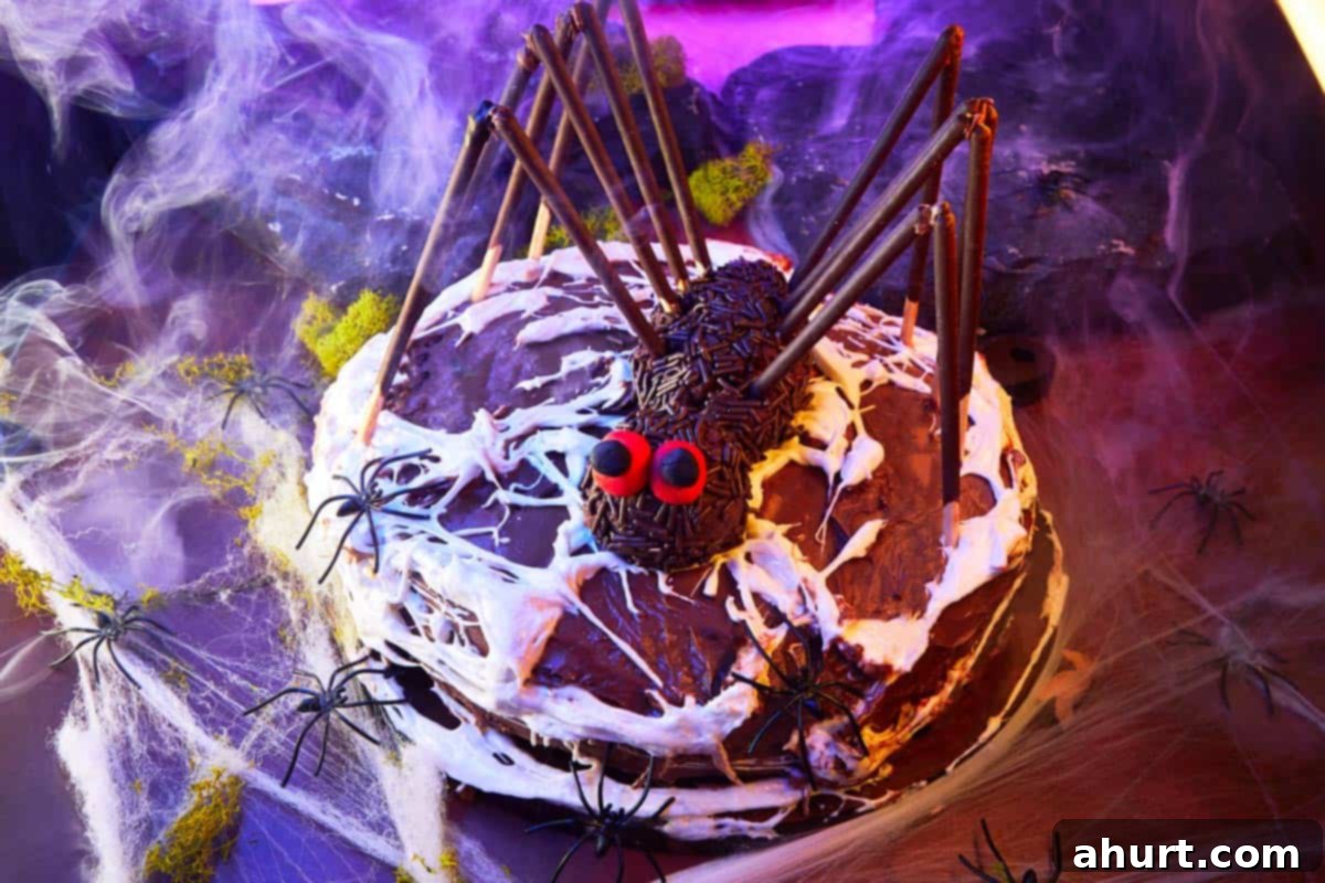 Finished Halloween Spider Cake on display, surrounded by cobwebs and spooky lighting.