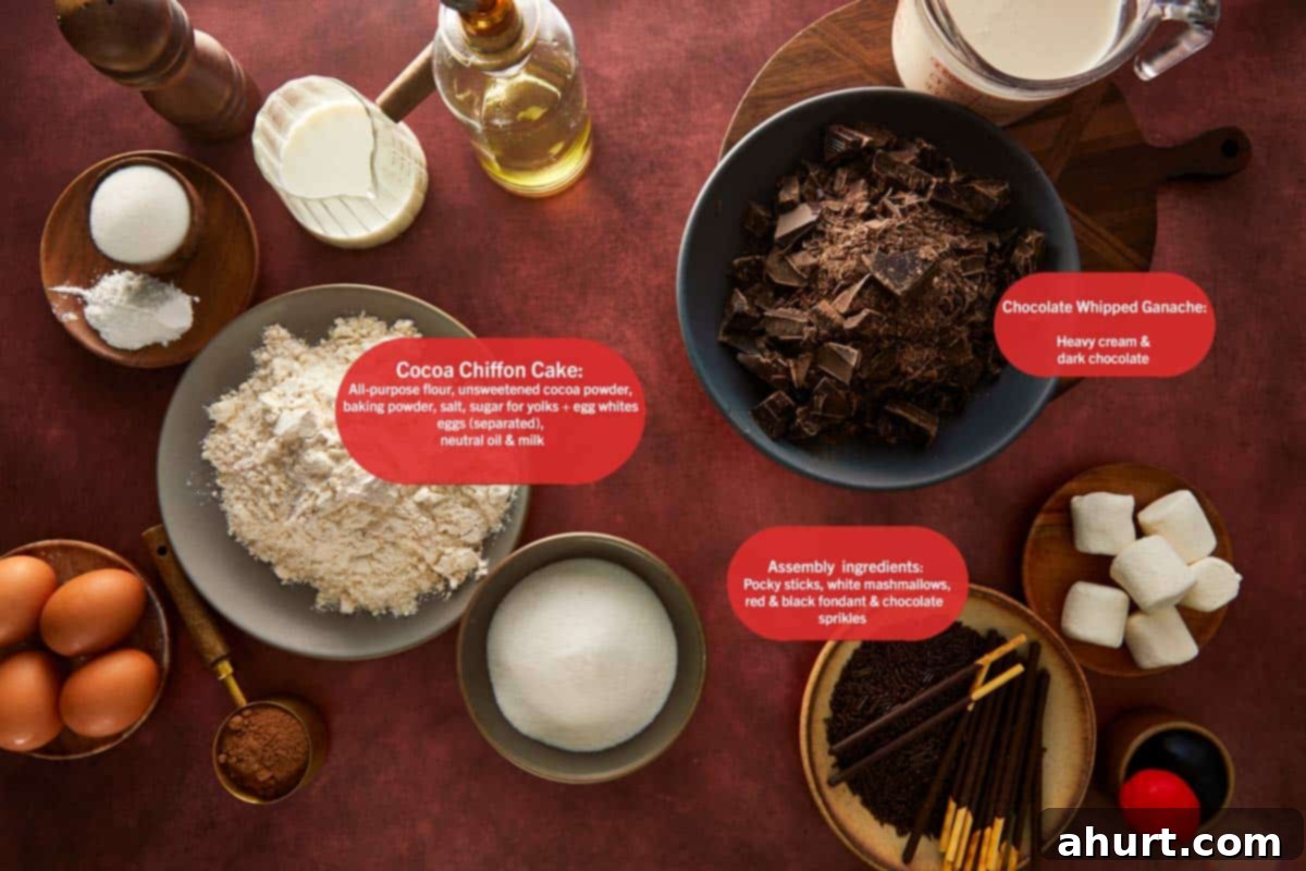 Overhead view of Chocolate Spider Layer Cake ingredients: cocoa powder, flour, eggs, chocolate chunks, milk, oil, and Pocky sticks.