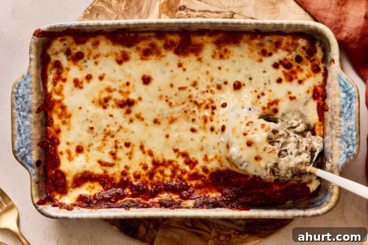 Golden baked lasagna dip fresh from the oven.