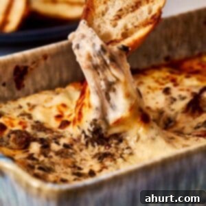 A slice of toasted bread being dipped into a hot, cheesy Lasagna 4 Cheese Dip, showing a gooey stretch of melted cheese with bits of herbs and beef in a golden, bubbling sauce.