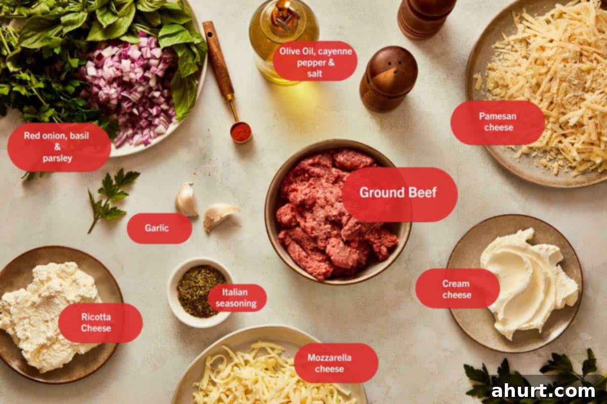 Ingredients for lasagna dip including beef, cheese, herbs, and garlic.