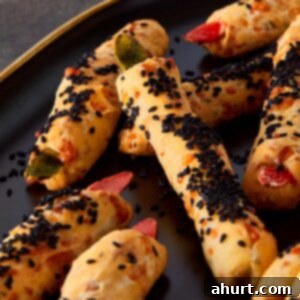 Close-up of freshly baked Witch Finger Grissini on a dark serving plate, coated with black sesame seeds and topped with red and green almond “nails” for a spooky Halloween look.