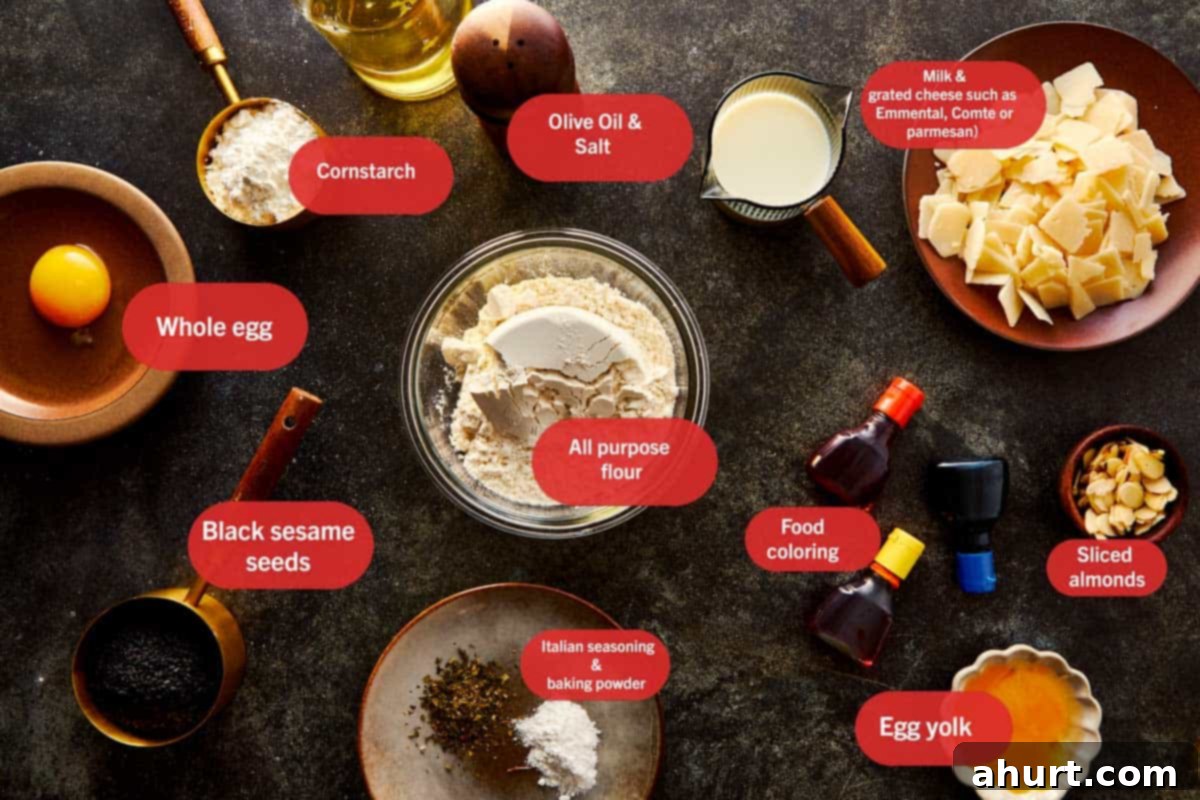 Overhead shot of Witch Finger Grissini ingredients laid out on a dark surface, including flour, cornstarch, grated cheese, olive oil, milk, egg, black sesame seeds, sliced almonds, Italian seasoning, and food coloring.