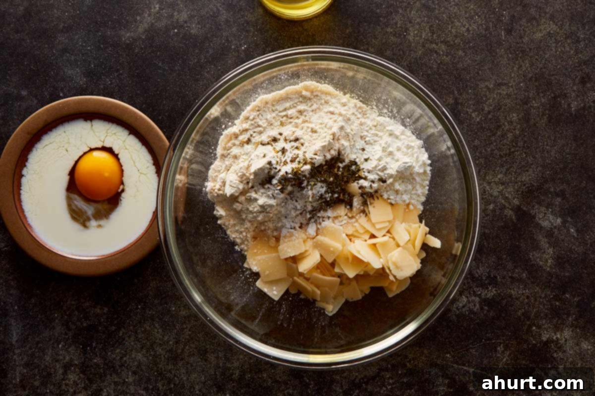 Overhead shot of flour, cheese, herbs, and milk with an egg — ingredients coming together for the grissini dough.