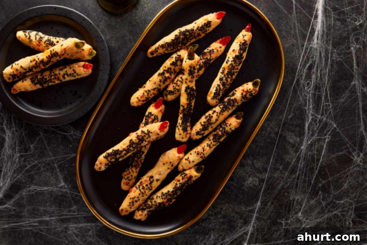 Golden baked witch finger grissini on a black platter, surrounded by cobwebs — crispy and eerie perfection.