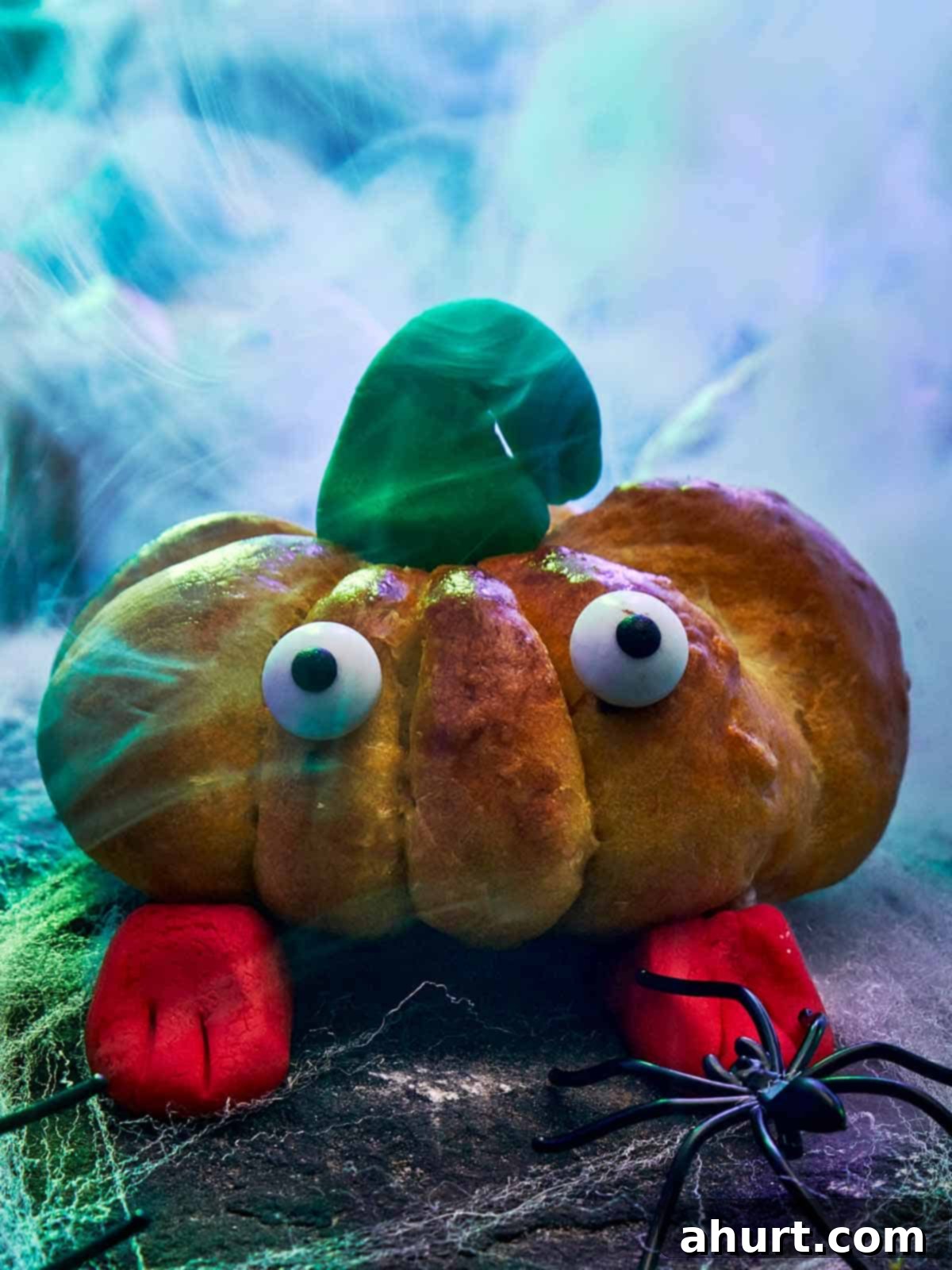 Pumpkin-shaped bread with candy eyes, red fondant feet, a green leaf on top, and a small black spider beside it.