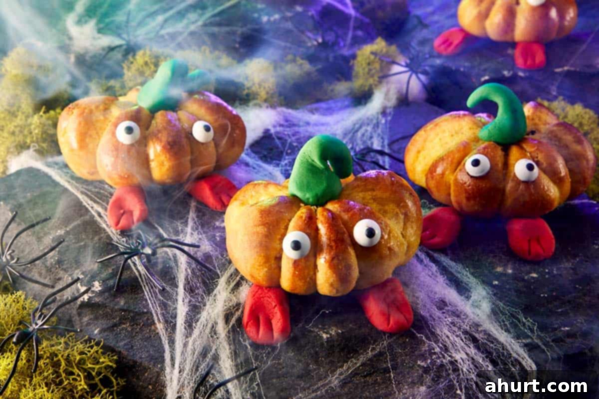 Decorated pumpkin breads with fondant stems and candy eyes arranged on a spooky Halloween setup.