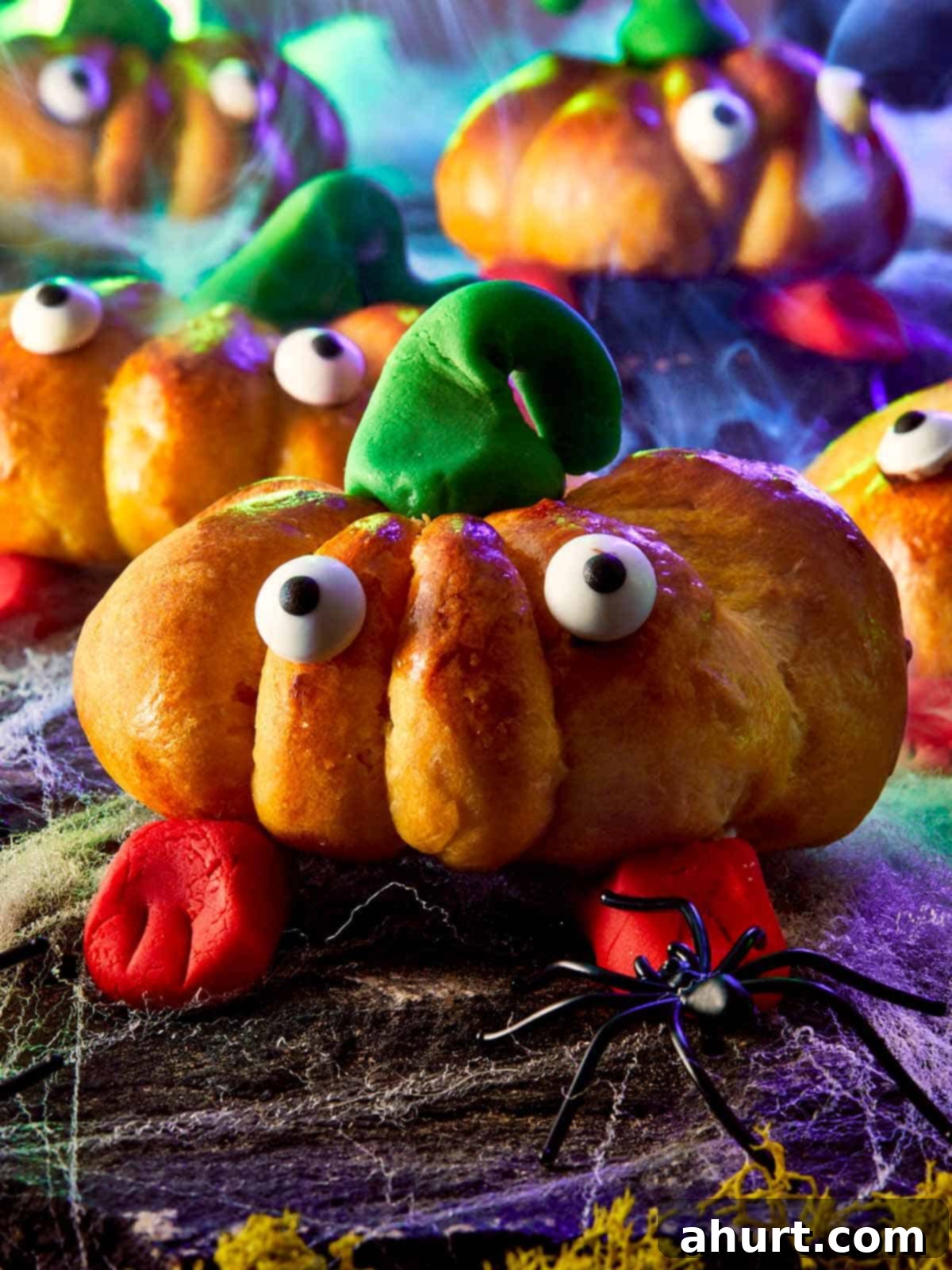 Close-up of finished pumpkin breads with green fondant stems and red fondant feet, surrounded by Halloween props.