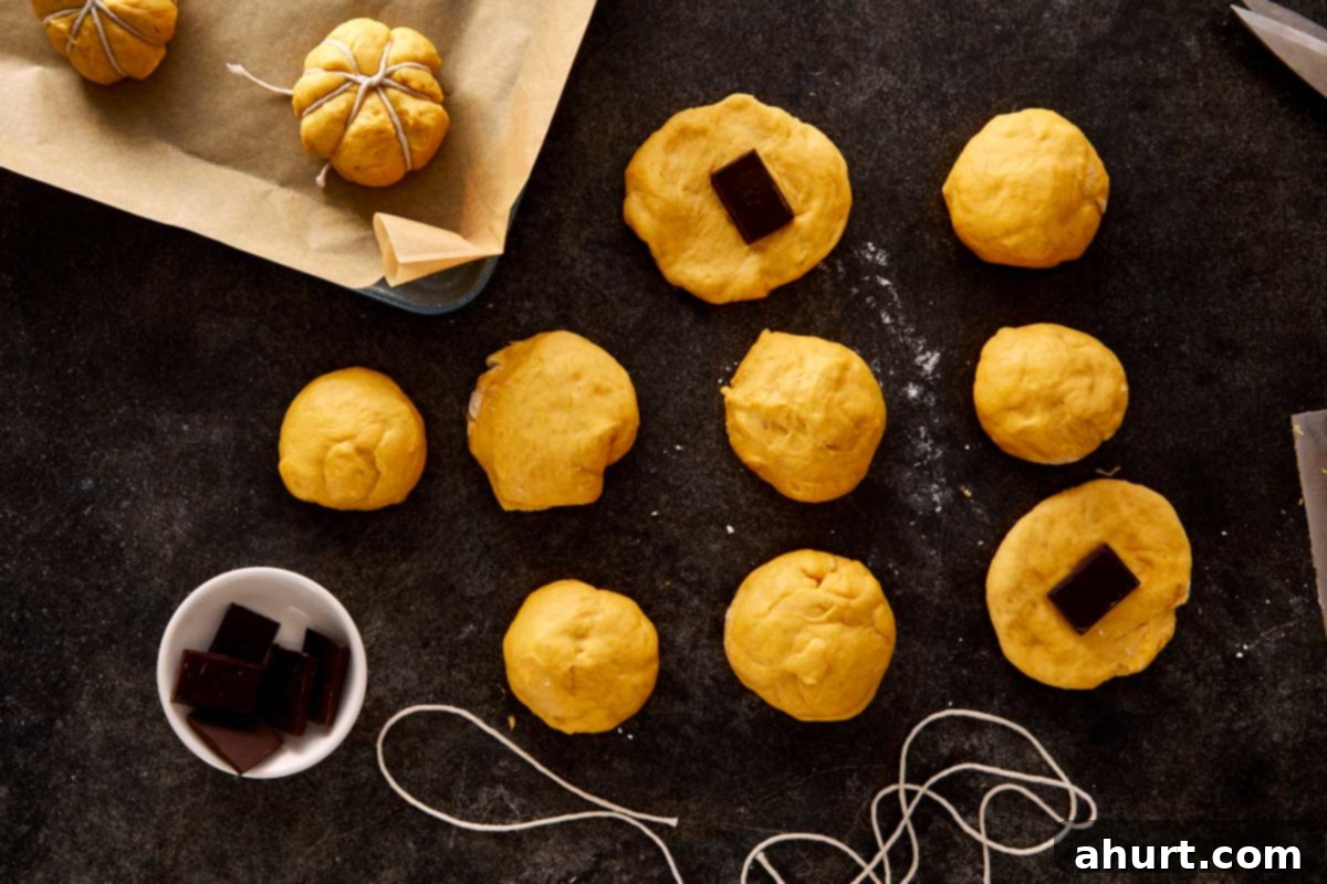 Pumpkin bread dough divided into portions with chocolate squares placed in the center, ready to be shaped.