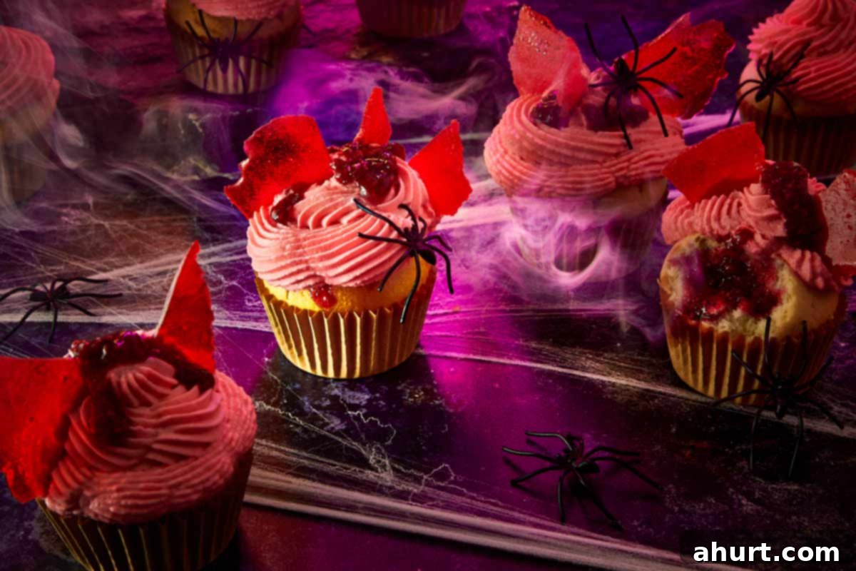 Halloween scene with frosted raspberry muffins decorated with fake spiders, candy glass shards, and foggy purple lighting. The ultimate spooky treat.