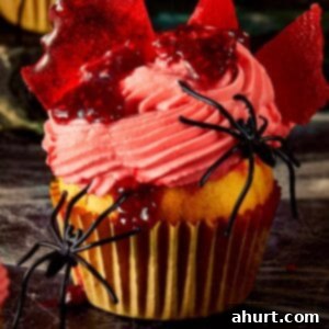 Close-up of a Halloween raspberry muffin topped with pink whipped cream, raspberry coulis, and broken glass candy shards, decorated with fake black spiders.