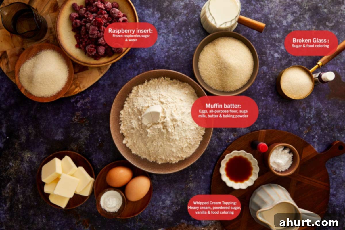 Flat lay of ingredients for Bloody Raspberry Muffins, including flour, sugar, eggs, butter, milk, raspberries, and labeled components for the muffin batter, raspberry insert, whipped cream topping, and candy glass. Essential for spooky baking.
