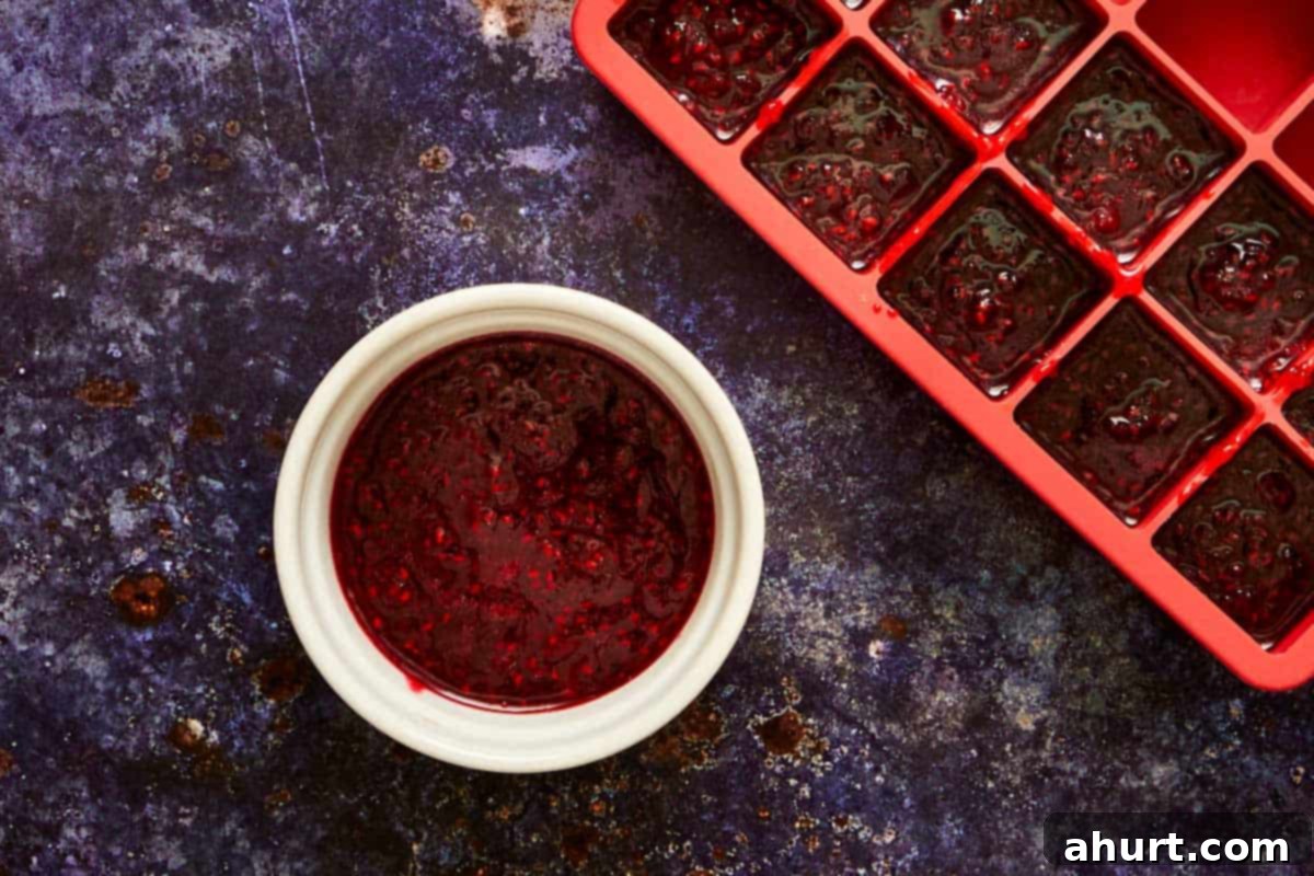 Homemade raspberry coulis divided into a small bowl and an ice cube tray, ready to freeze for the muffin filling. Essential for the bloody effect.