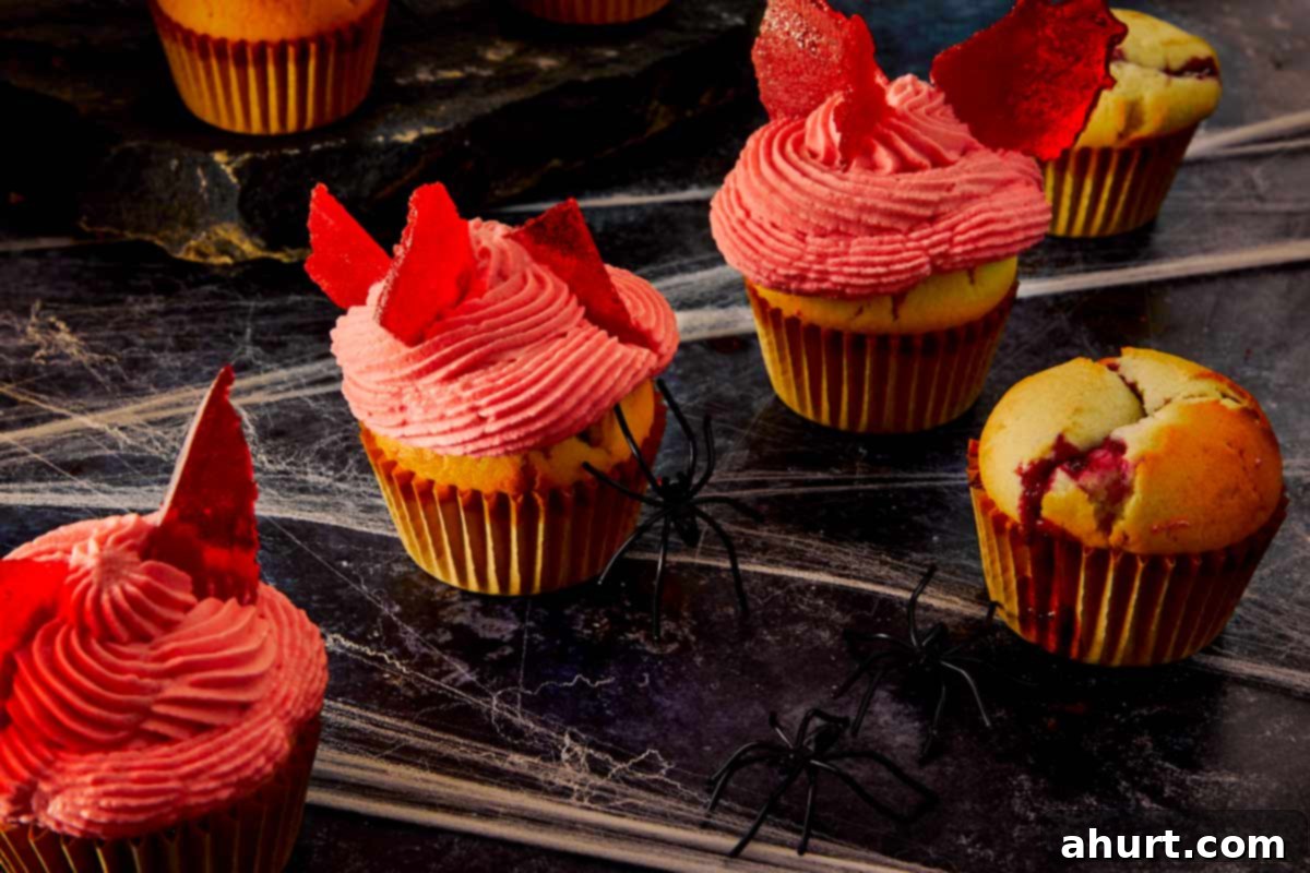 Group of raspberry muffins on a dark Halloween-themed surface, topped with pink frosting and candy glass shards. Perfect for spooky dessert ideas.