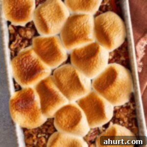 Overhead view of sweet potato casserole with golden toasted marshmallows on top and pecan crumble showing around the edges, fresh from the oven.