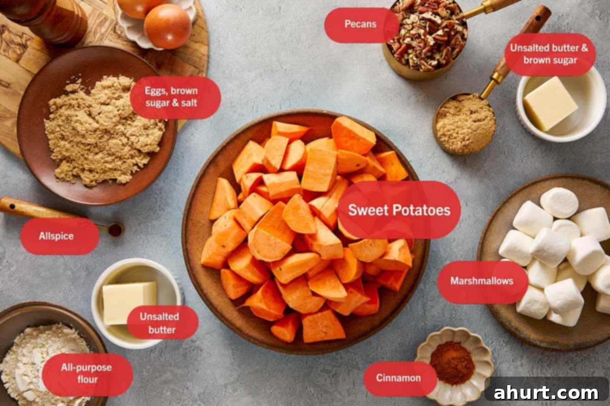 Sweet Potato Casserole ingredients laid out, including peeled sweet potatoes, marshmallows, pecans, brown sugar, butter, eggs, flour, cinnamon, and allspice.