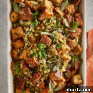 Classic Buttery Herb Stuffing 13 Overhead view of a rectangular baking dish filled with homemade herb stuffing, with toasted bread pieces, flecks of green herbs, and a gold serving spoon nestled inside.